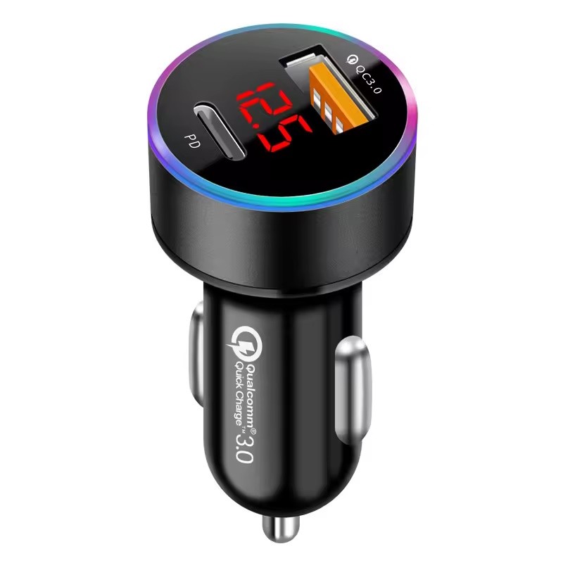Car Charger PD 20W Fast Charger Dual Port Phone Charger Type C and USB Car Voltage Meter reading USB Charger