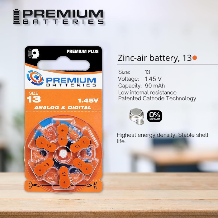Premium Batteries Size 13 ZA13 P13 PR48 1.45V Zinc Air Hearing Aid Batteries Orange Tab