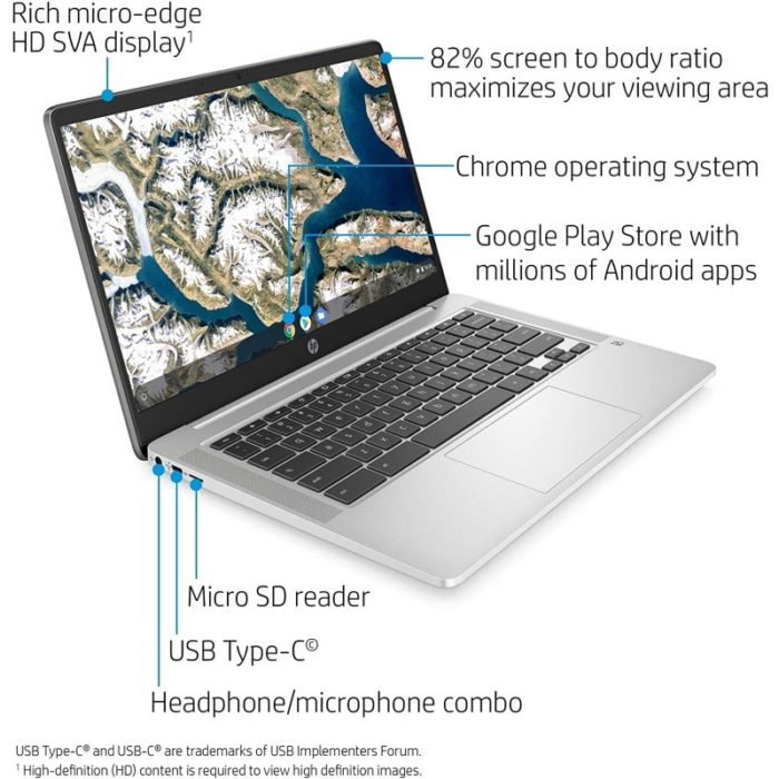 HP Chromebook 14-inch HD Laptop, Intel Celeron N4000, 4 GB RAM, 32 GB eMMC, Chrome 14a-na0010nr, Mineral Silver