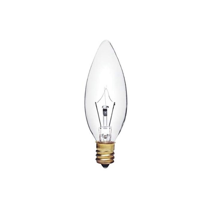 25W B8 Incandescent Clear Chandelier Light Bulb, Torpedo Tip, E12 Candelabra Base