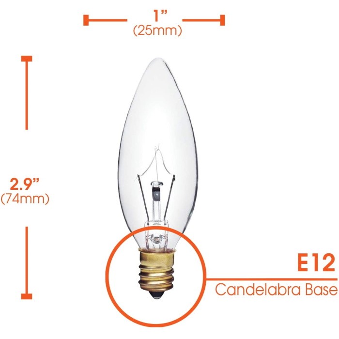 25W B8 Incandescent Clear Chandelier Light Bulb, Torpedo Tip, E12 Candelabra Base
