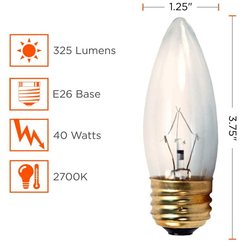 Torpedo Light Bulbs B10 Clear Finish Medium E26 Base Soft White Decorative Chandelier Bulbs