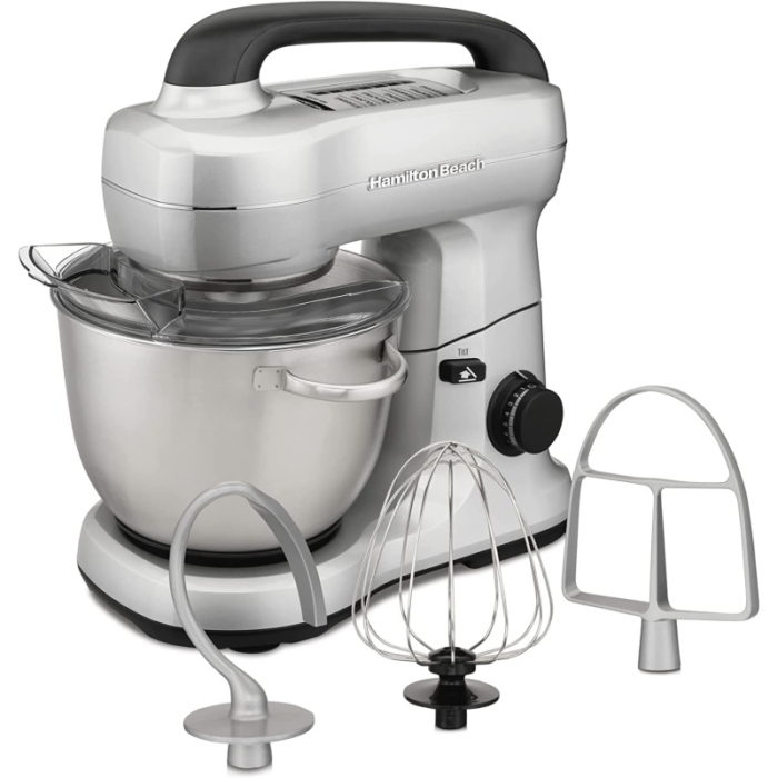 Hamilton Beach Electric Stand Mixer, 4 Quarts, Dough Hook, Flat Beater Attachments, Splash Guard 7 Speeds with Whisk