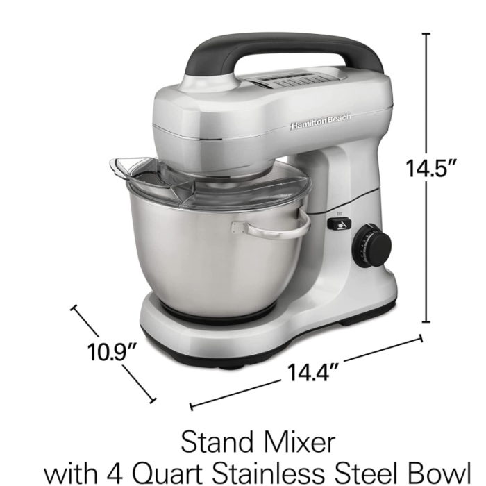 Hamilton Beach Electric Stand Mixer, 4 Quarts, Dough Hook, Flat Beater Attachments, Splash Guard 7 Speeds with Whisk