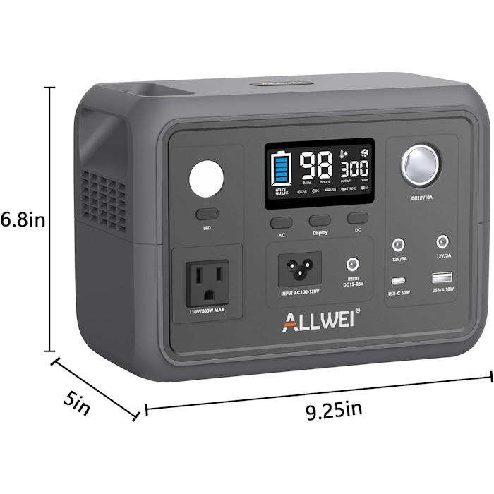 Portable Power Station 300W (Peak 600W), ALLWEI 256Wh Solar Generator with 60W USB-C PD Output, 110V Pure Sine Wave AC Outlet Backup LiFePO4 Battery for Outdoors Camping Travel Home Blackout