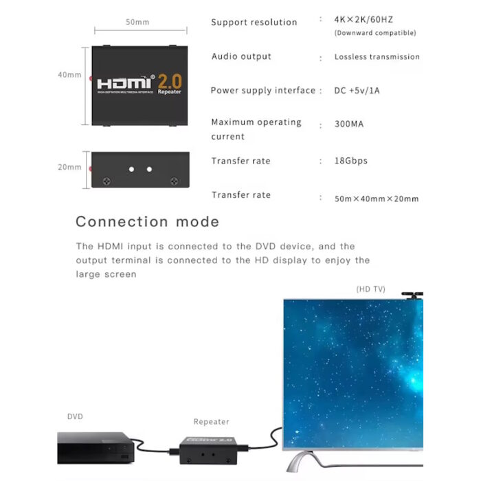 4K 2K 1080P HDMI Booster, HDMI 2.0 Signal Amplifier HDMI Repeater Boost Up to 200ft Transmission Distance 18Gbps Bandwidth for HDTV,PS4, DVD players
