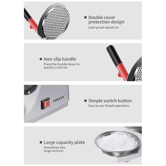 SOKANY Stainless Steel Electric Ice Crusher with 2 Blades, Snow Cone Machine Including Cover and Bowl