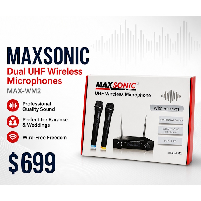 maxsonic dual uhf wireless microphone max-wm2 with receiver
