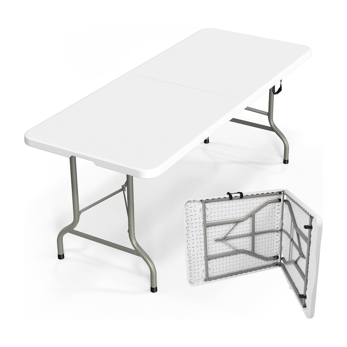 Folding Table 8ft, Portable Collapsible Plastic White Long Tables for Party, Camping, Banquet, Craft, Dining, Wedding, Outdoor and Indoor Use