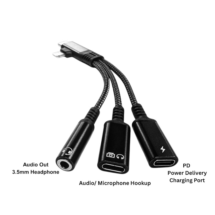 USB-C and iPhone to dual Type-C USB-C and 3.5mm headphone adapter splitter cable connection