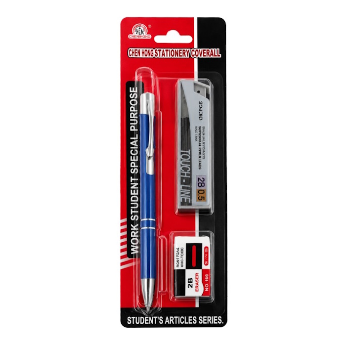 1x Retractable Pencil, 1x Lead Refill Pack, 1x 2B Eraser Chen Hong 3-in-1 Retractable Mechanical Pencil & Lead Set